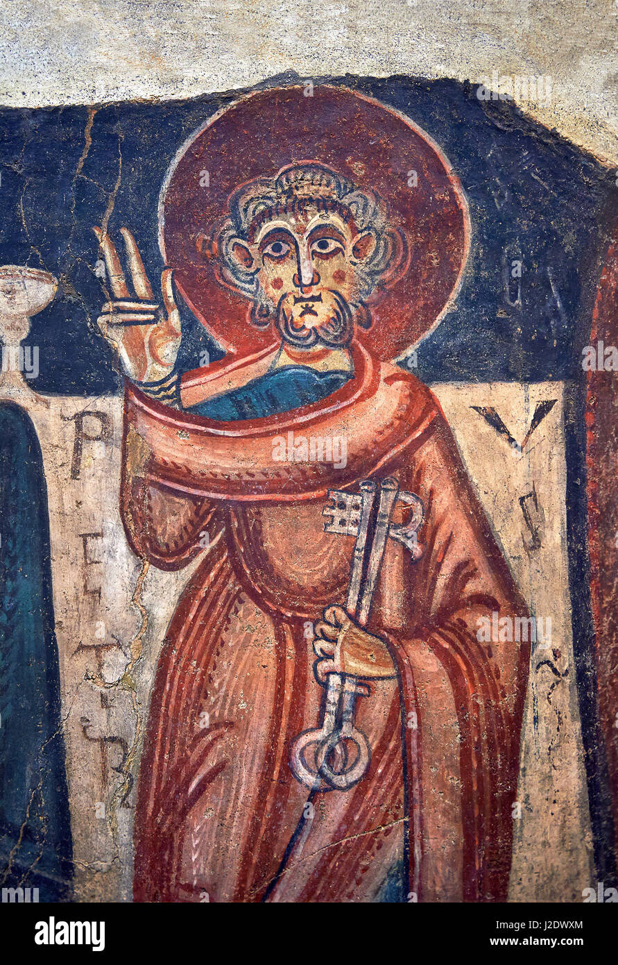 Romanische Fresken von St. Peter aus der Kirche von Sant Roma de Les Bons, gemalt um 1164, Encamp, Andorra. Nationales Kunstmuseum von Katalonien, Bar Stockfoto