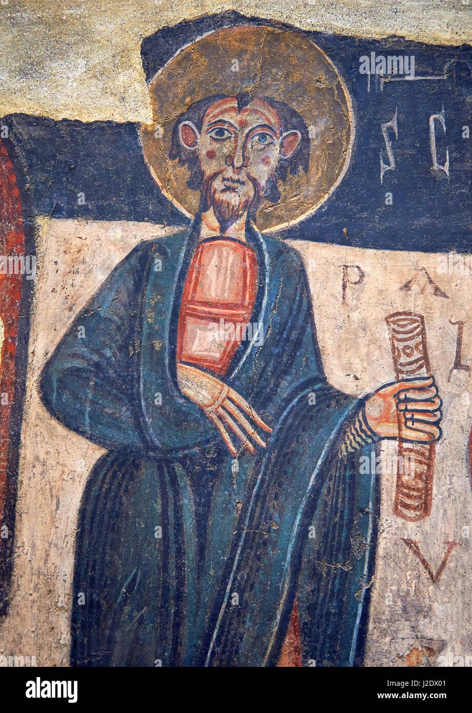 Romanische Fresken des Heiligen Paulus von der Kirche von Sant Roma de Les Bons, gemalt um 1164, Encamp, Andorra. Nationalen Kunstmuseum von Katalonien, Stockfoto