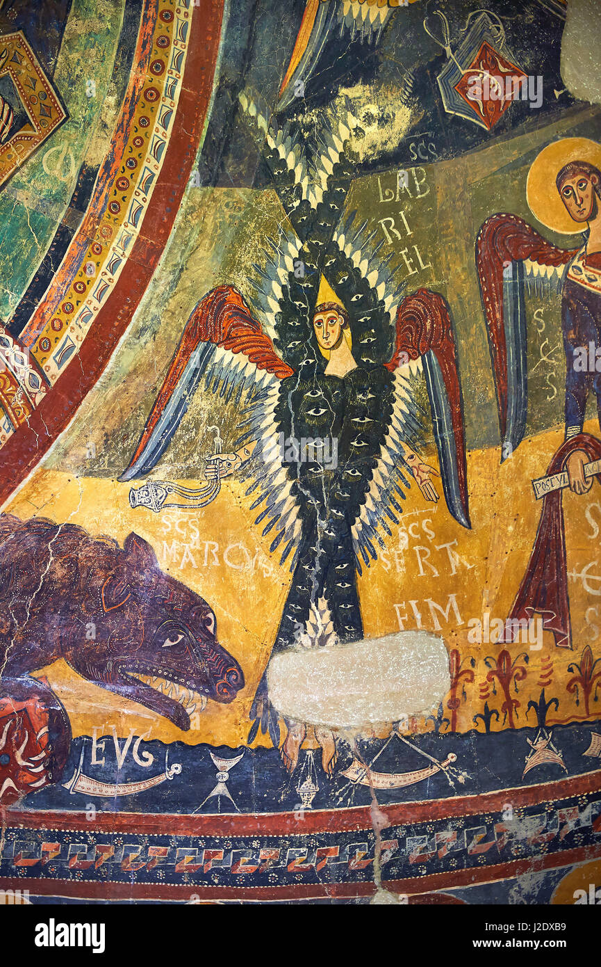 Zweiten Hälfte des zwölften Jahrhunderts romanische Fresken in der Apsis d'Esterri de Cardos Darstellung einer byzantinischen Stil Engel. Die Kirche von Sant Pau-Gewerbepark Stockfoto