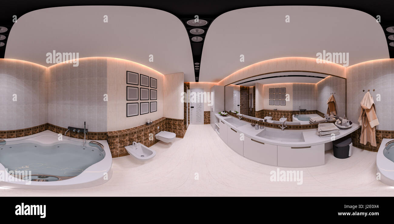 3D Darstellung sphärischer 360 Grad, nahtlosen Panorama Bad Interior Design  im klassischen Stil. Ein Zimmer mit einem großen Spiegel an der Wand, ein  Abzieher Stockfotografie - Alamy