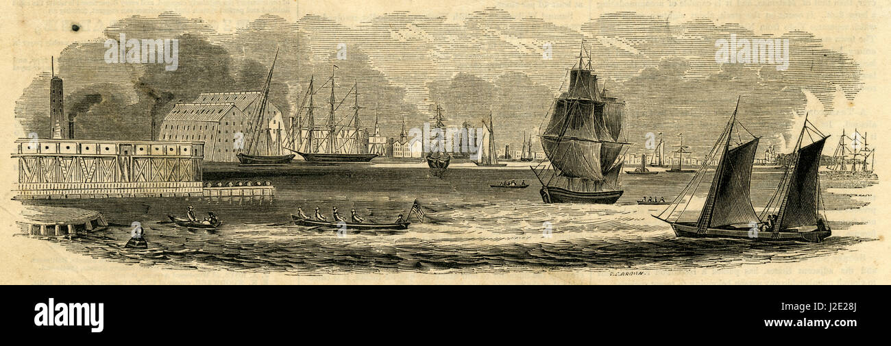 Antiken 1854 Gravur "Ansicht der United States Navy Yard in Philadelphia." QUELLE: ORIGINAL GRAVUR. Stockfoto