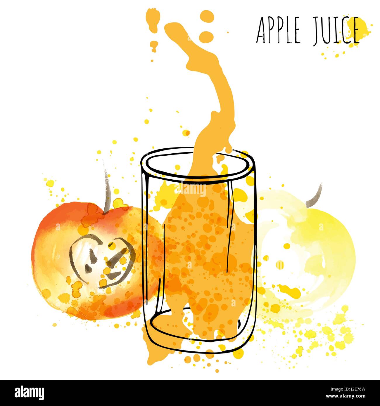 Apfel Saft Spritzer Aquarell Vektorgrafik. Apfel mit Splash und Glas isoliert auf weißem Hintergrund. Apple Getränk Strömung mit Früchten und frischen Spritzer. Stock Vektor