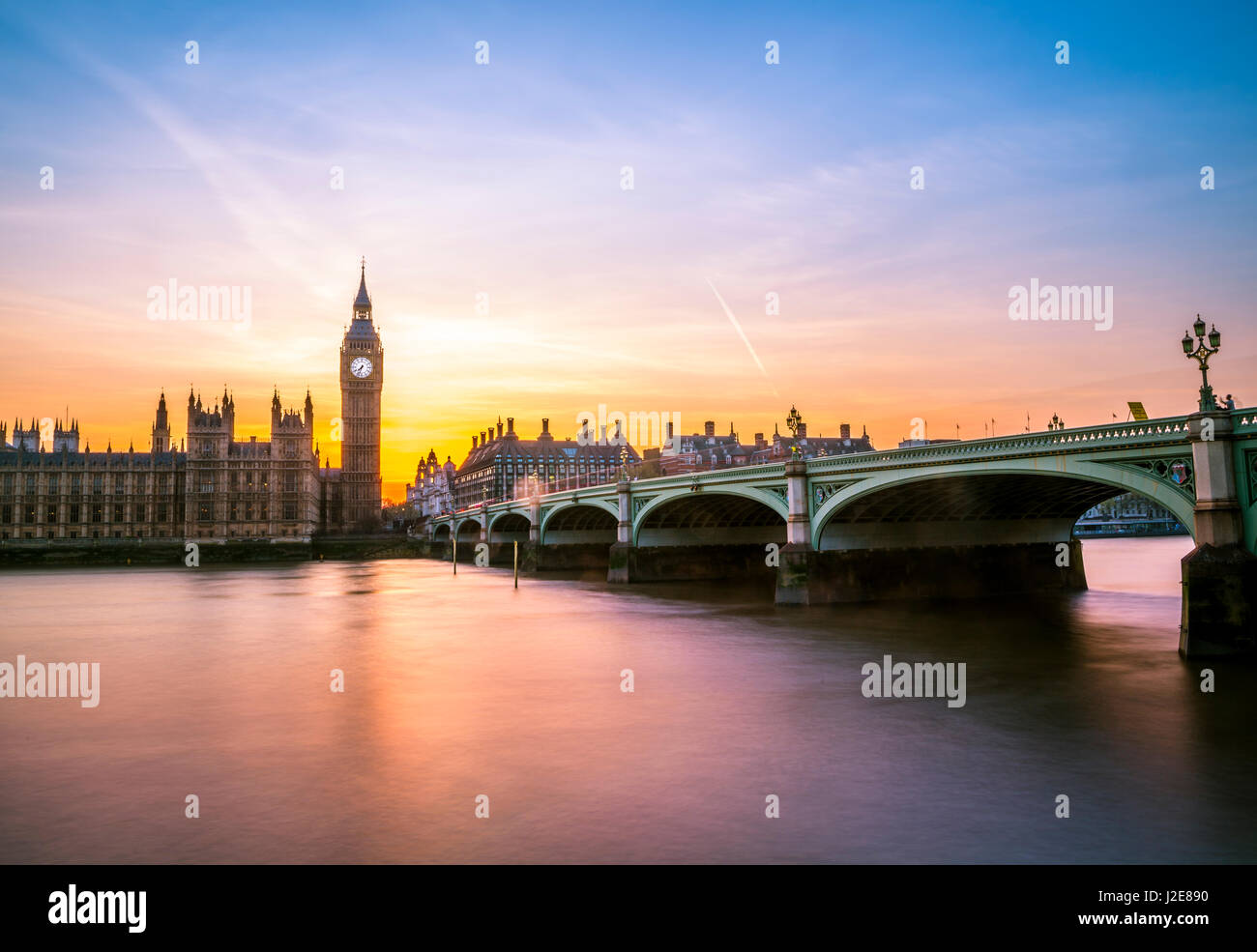 Big Ben, Abenddämmerung, Abendlicht, Sunset, Häuser des Parlaments, Westminster Bridge, Themse, City of Westminster, London Stockfoto