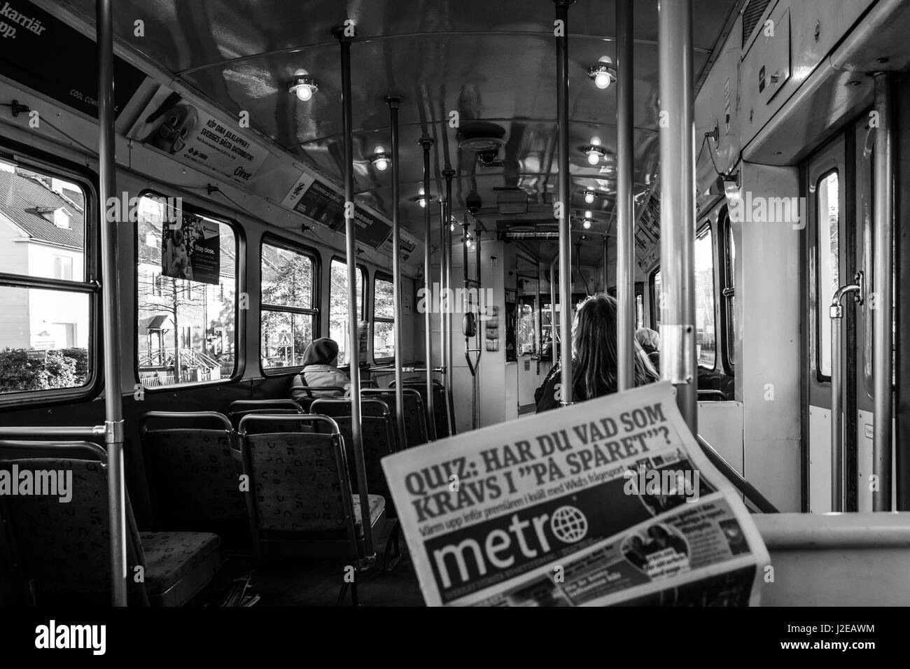 Schwarz / weiß innen Blick auf schwedische Straßenbahn, retro Stockfoto