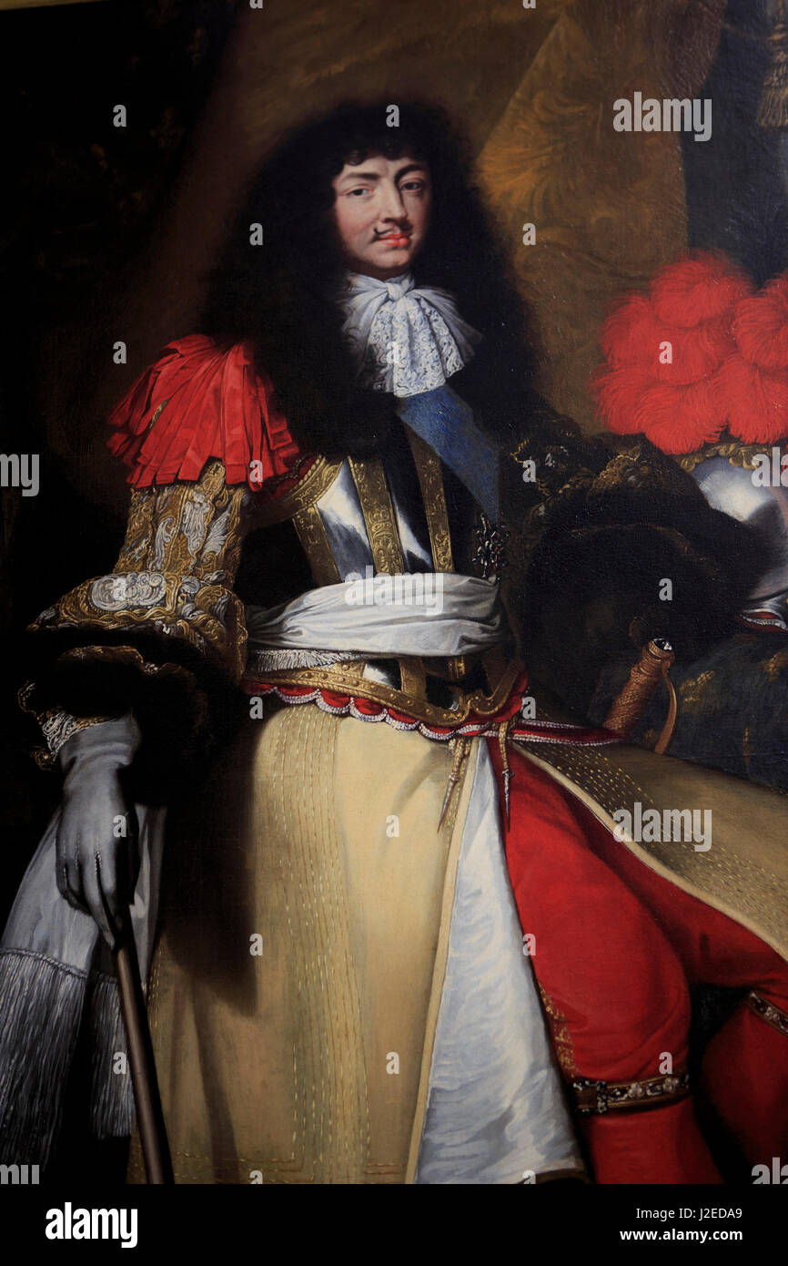 Ein Gemälde von Louis XIV getan von Claude Lefebvre und auf dem Display in das Schloss von Versailles, Paris, Frankreich. Stockfoto