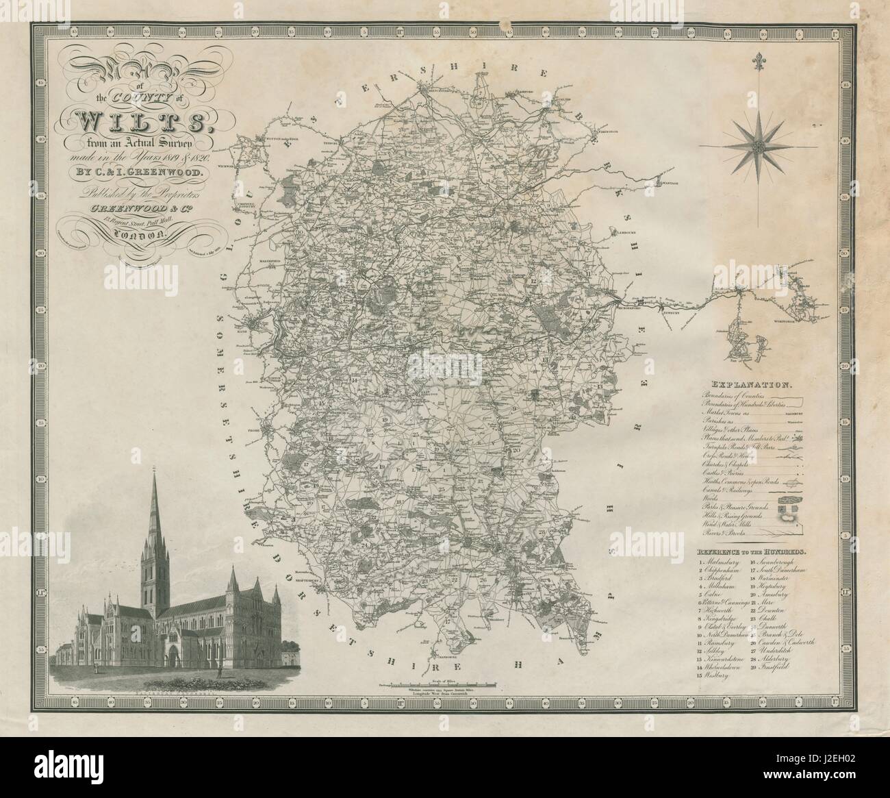 "Karte der Grafschaft Wilts". Wiltshire. GREENWOOD / WALKER. Großen 75x60cm 1829 Stockfoto