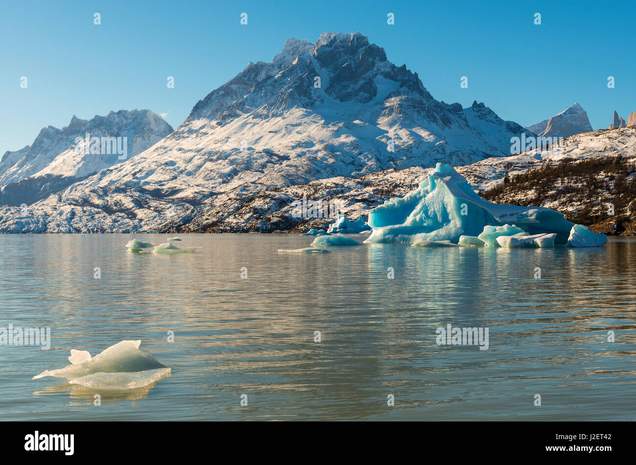 Eisberg auf den Lago Grey im Winter bei Sonnenuntergang im Torres del Paine Nationalpark in der Nähe von Puerto Natales, Patagonien, Chile. Stockfoto