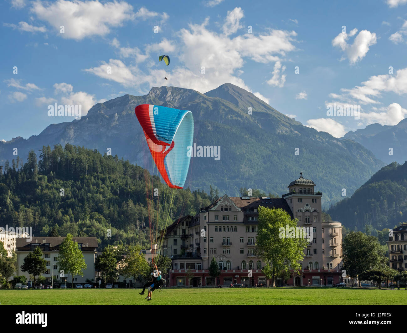 Schweiz, Kanton Bern, Interlaken, Gleitschirme, Landung auf der Landewiese park Stockfoto