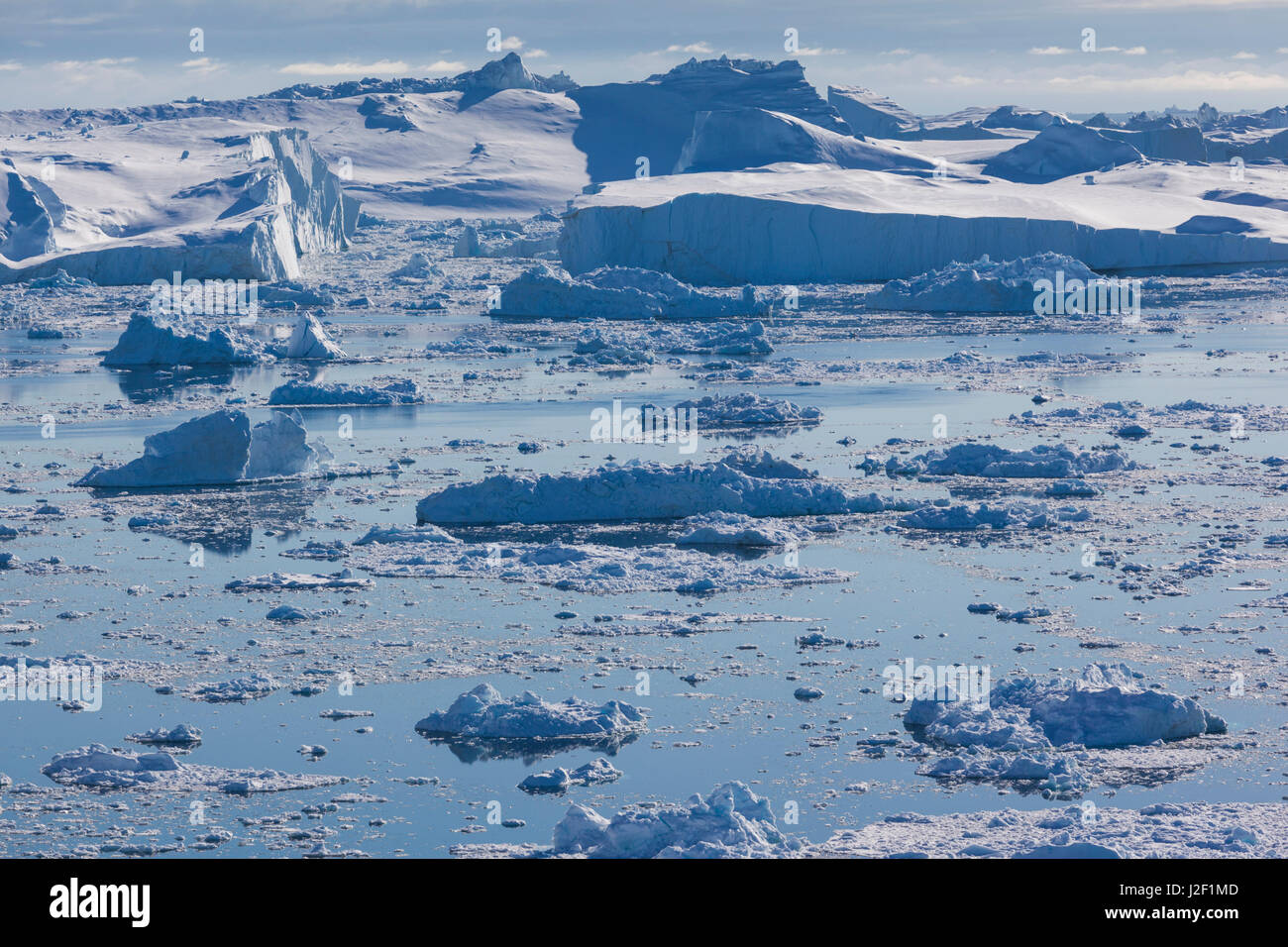 Grönland, Disko-Bucht, Ilulissat, erhöhten Blick auf schwimmendes Eis Stockfoto