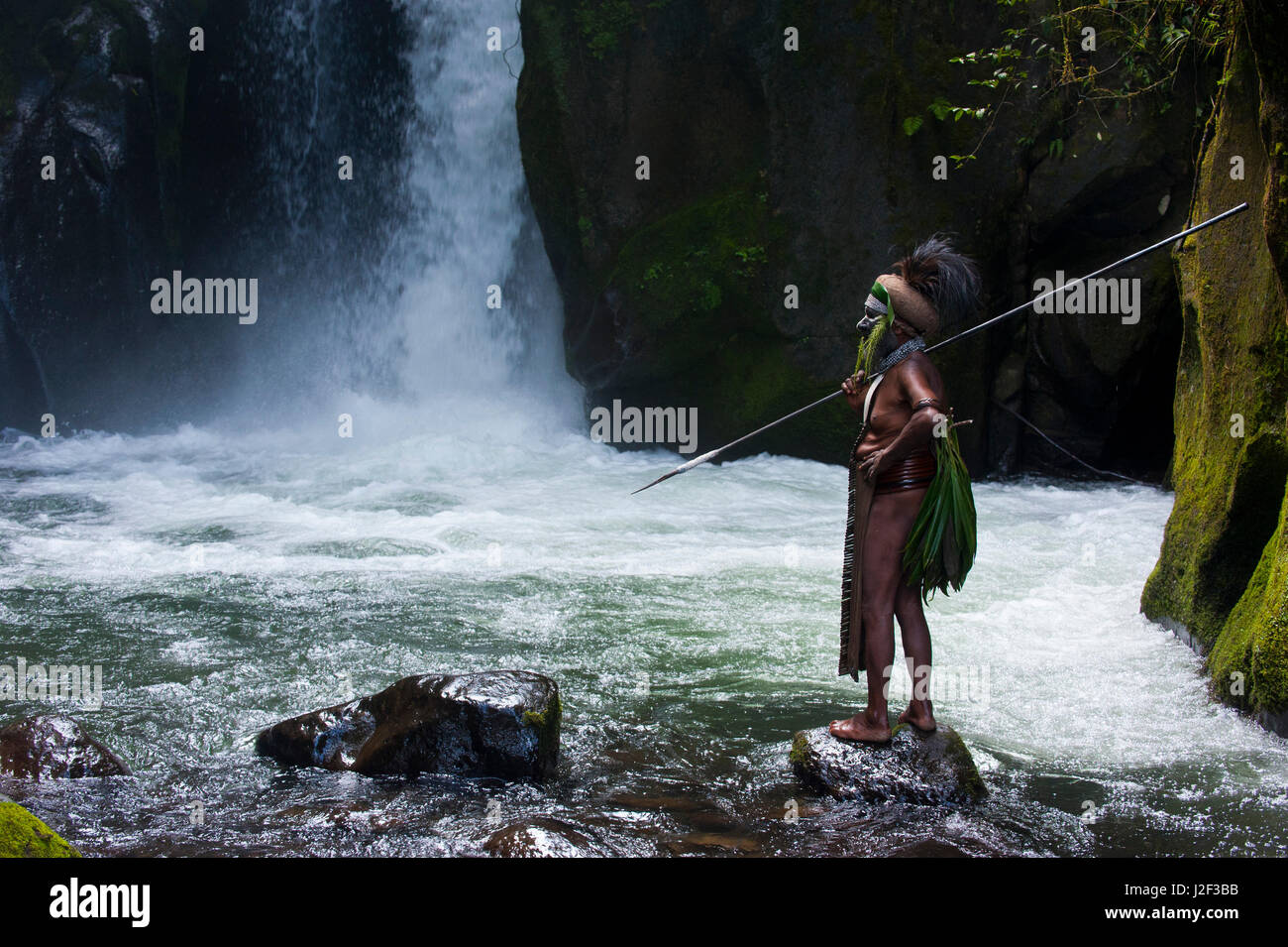 Bunt gekleidet und bemalten lokalen Stammes-Leiter steht vor einem Wasserfall in das Hochland von Papua-Neuguinea, Melanesien Stockfoto