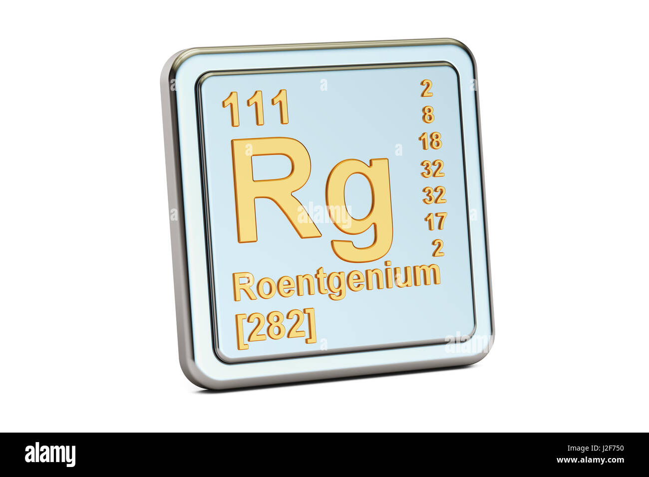 Roentgenium Rg, Chemisches Element Zeichen. 3D-Rendering isoliert auf weißem Hintergrund Stockfoto