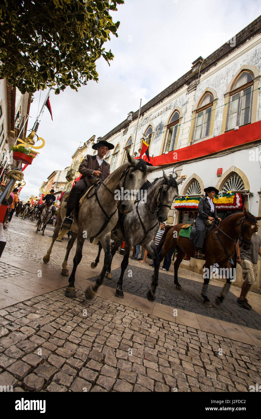 Tomar, Portugal Spanisch gekleidet wieder Reiter führt die Prozession für die Festa Dos Tabuleiros Stockfoto Tomar, Portugal Spanisch gekleidet wieder Reiter führt die Prozession für die Festa Dos Tabuleiros Stockfoto