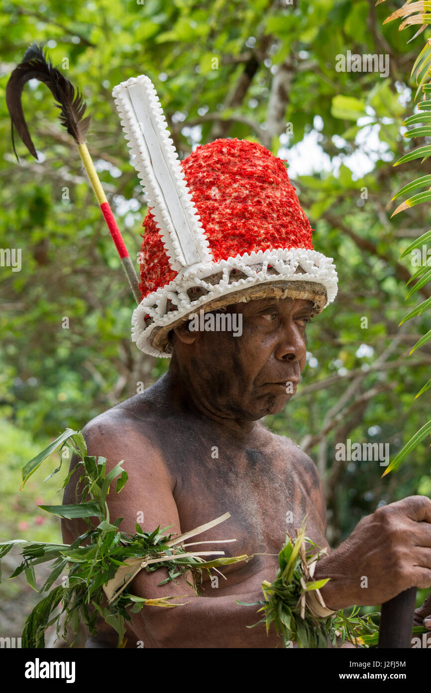 Republik von Vanuatu, Torres Inseln, Loh Insel. Dorfälteste gekleidet in traditionellen Kopfbedeckung für "The Chiefs Tanz". Stockfoto