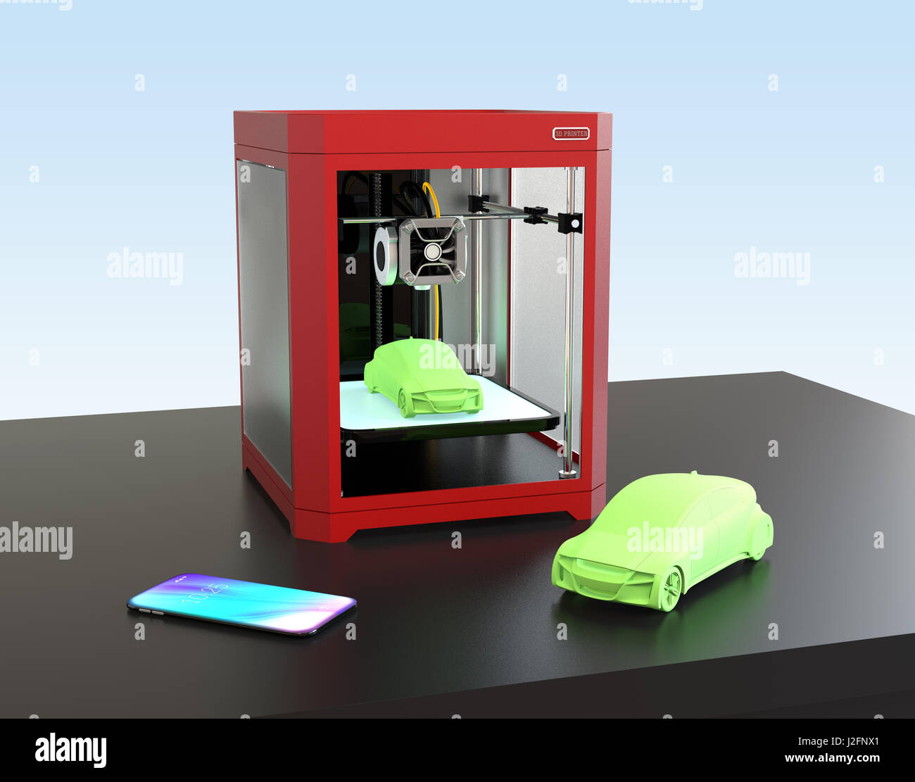 3D-Drucker, Smartphone und 3D Beispielmodell. 3D-Rendering Bild. Stockfoto