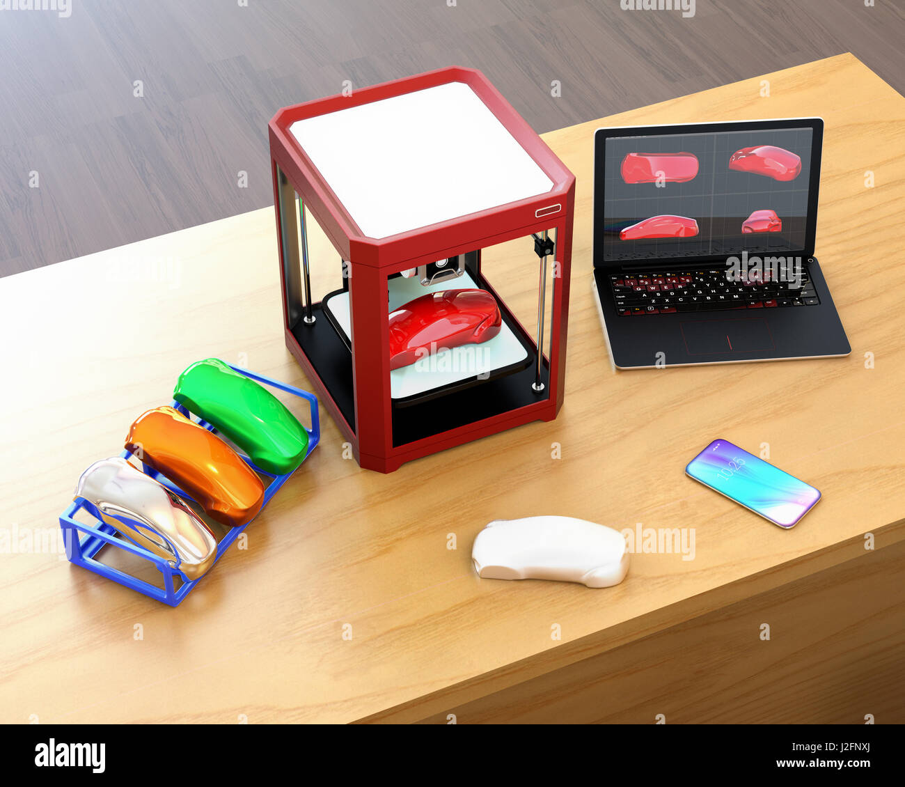 3D Drucker, Laptop und Produkt-Farbmuster. CMF (Farbe, Material und Oberfläche)-Design-Prozess-Konzept. 3D-Rendering Bild. Stockfoto