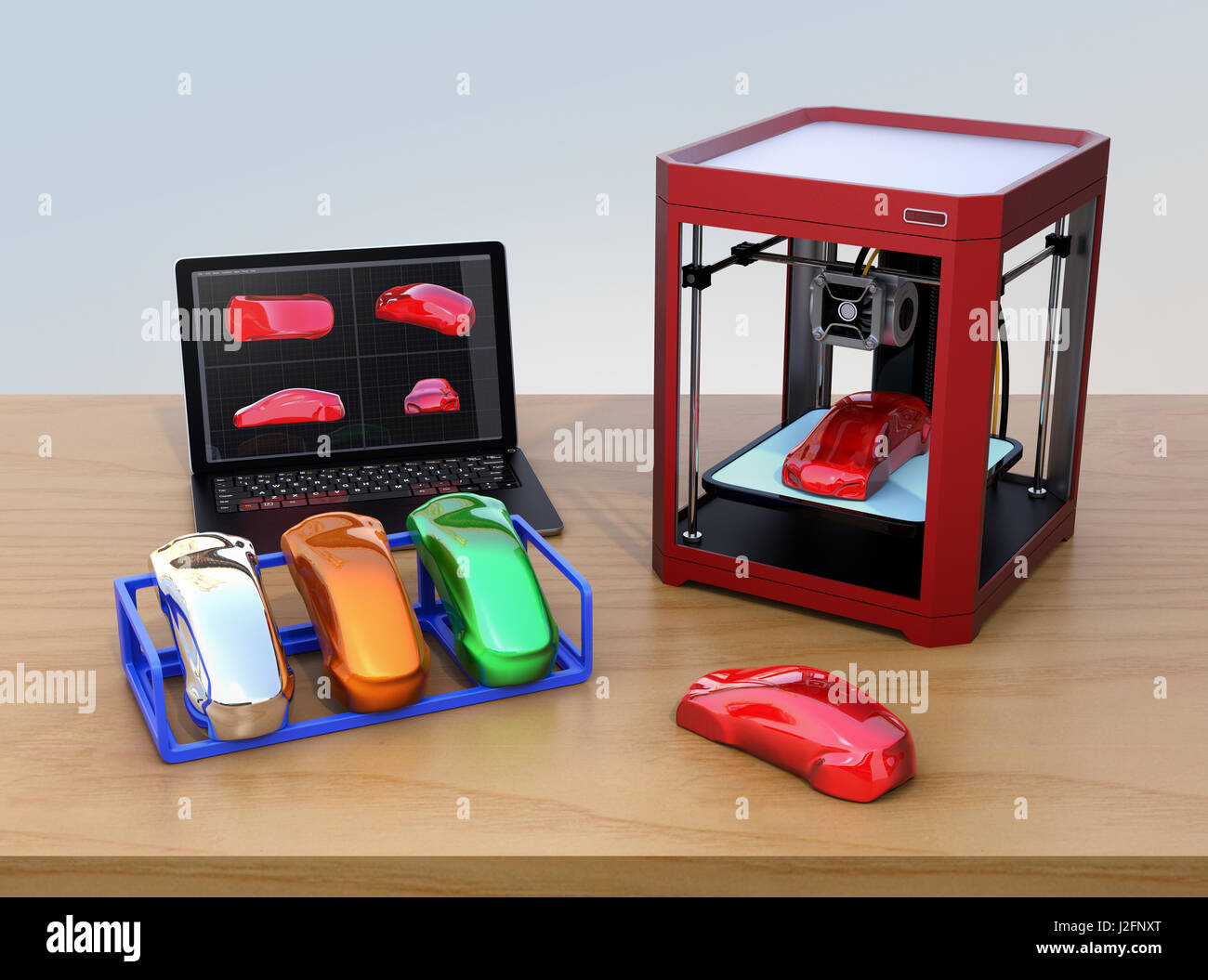 3D Drucker, Laptop und Produkt-Farbmuster. CMF (Farbe, Material und Oberfläche)-Design-Prozess-Konzept. 3D-Rendering Bild. Stockfoto