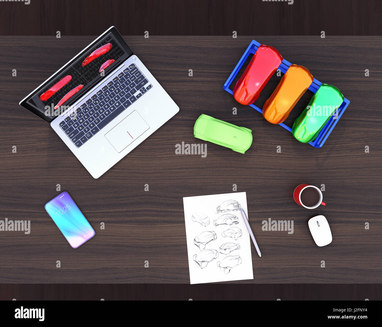 3D Drucker, Laptop und Produkt-Farbmuster. CMF (Farbe, Material und Oberfläche)-Design-Prozess-Konzept. 3D-Rendering Bild. Stockfoto