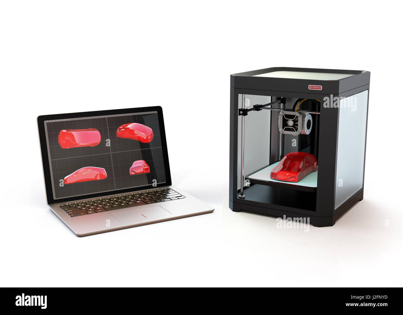 3D Drucker und Laptop-Computer isoliert auf weißem Hintergrund. 3D-Rendering Bild. Stockfoto