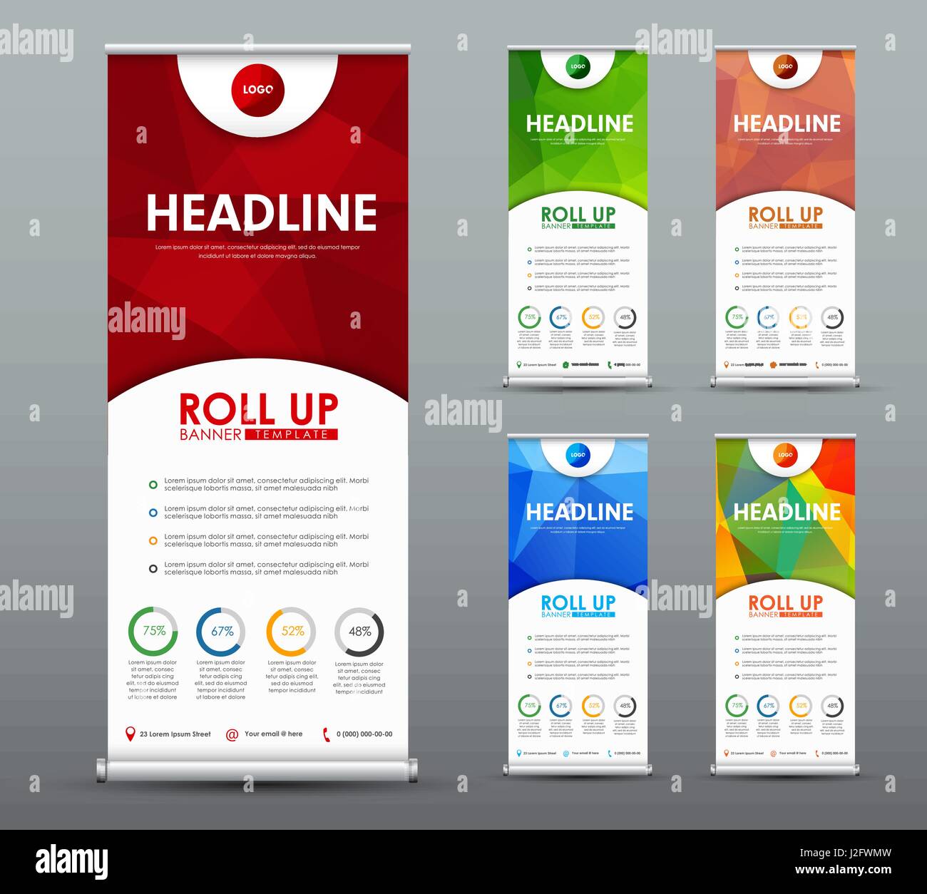 Design roll-up Banner für Wirtschaft und Werbung mit rot, grün und blau abstrakt polygonalen Hintergrund. Vorlage einer vertikalen Broschüre mit Runde e Stock Vektor