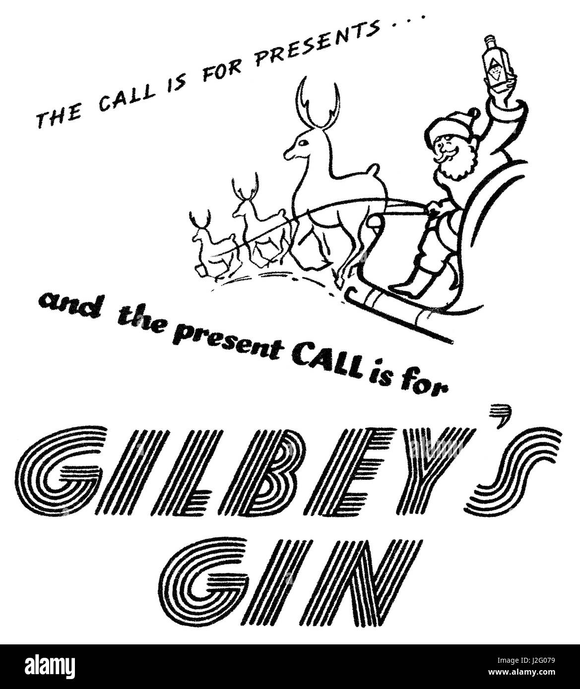 1947 britischer viertelseitigen Weihnachten Werbung für Gilbeys Gin. Stockfoto
