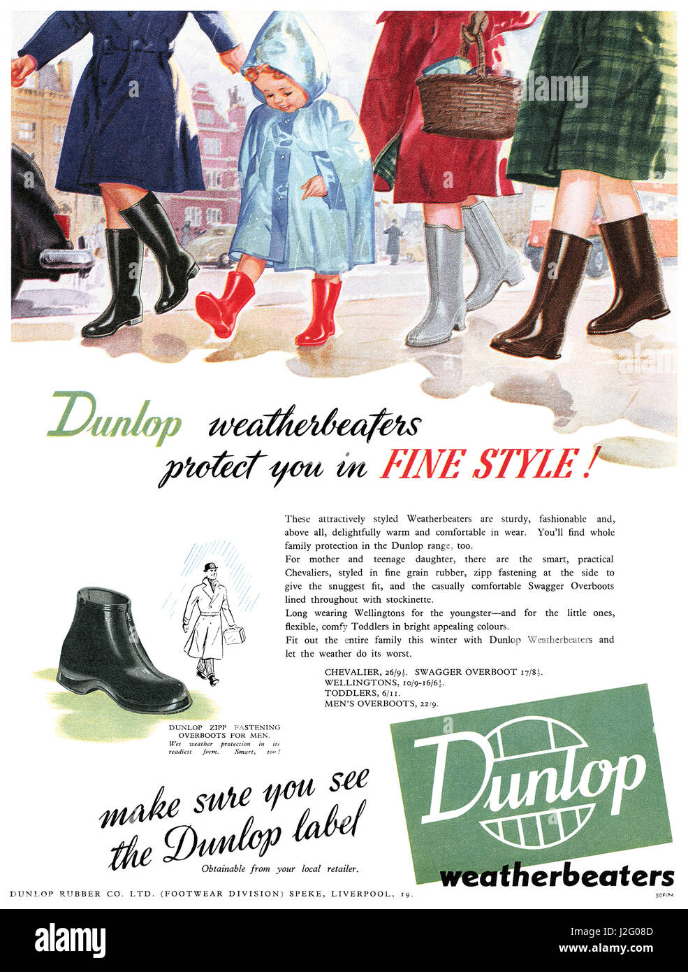 1950 britische Werbung für Dunlop Weatherbeater Winter Schuhe. Stockfoto