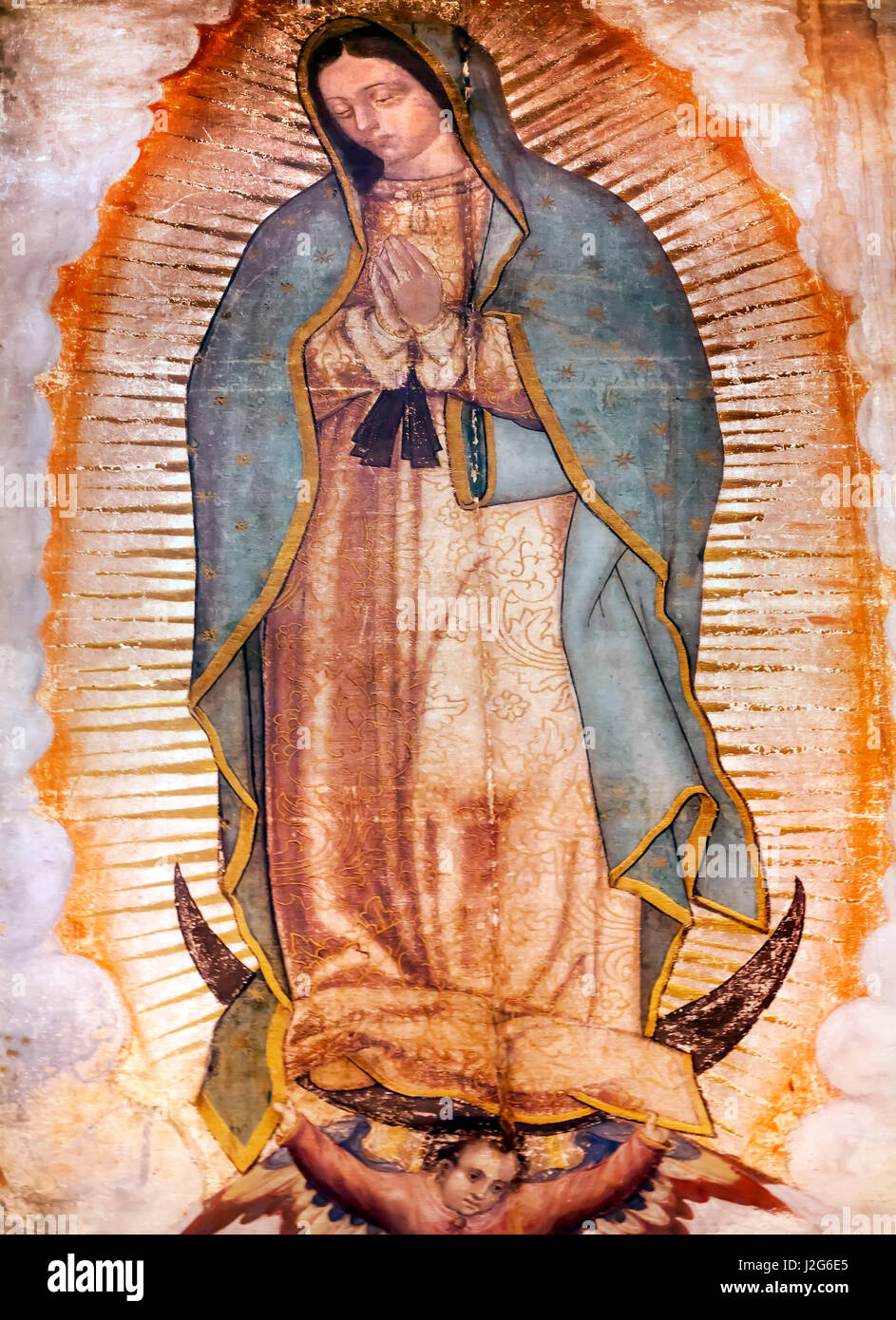 Jungfrau Maria Guadalupe Originalgemälde, 1531, katholischer Bischof von indischen Bauern Juan Diego offenbart wurde. Neuen Schrein von Guadalupe, Mexiko-Stadt, Mexiko Stockfoto
