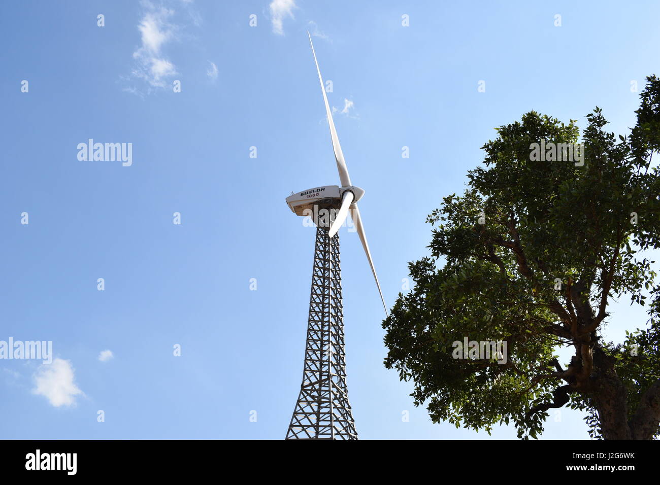 Suzlon Wind Turbine Seitenansicht mit einem Baum. Stockfoto
