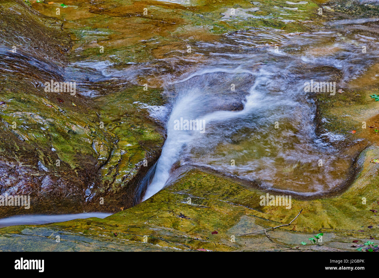 Nahaufnahme von Schlaglöchern, große, kreisförmige Öffnung im Sandrock Canyon Bett, im Herbst Creek Schlucht, Warren County, Indiana. Stockfoto