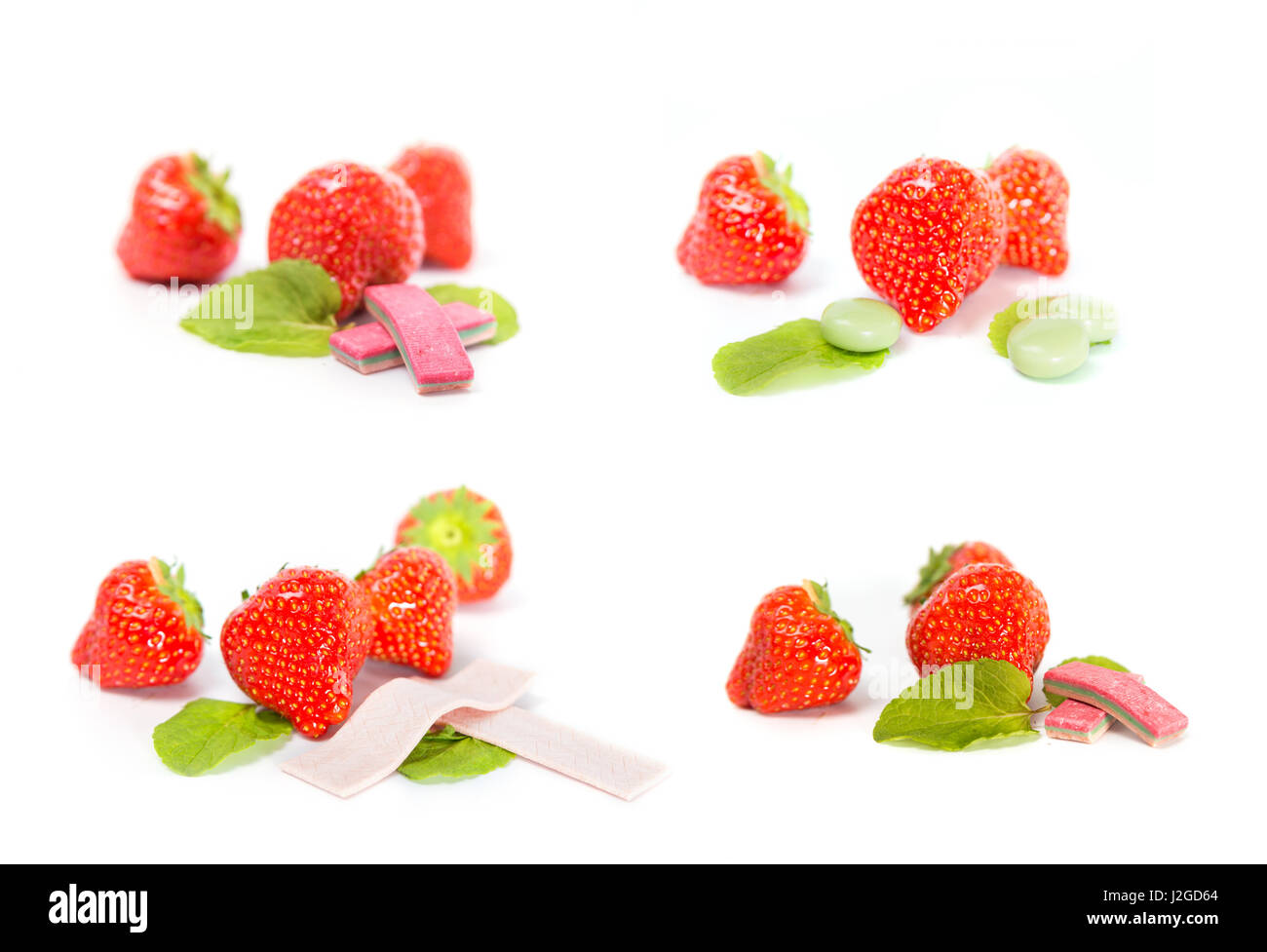Satz von Erdbeere Kaugummi auf weißem Hintergrund Stockfoto