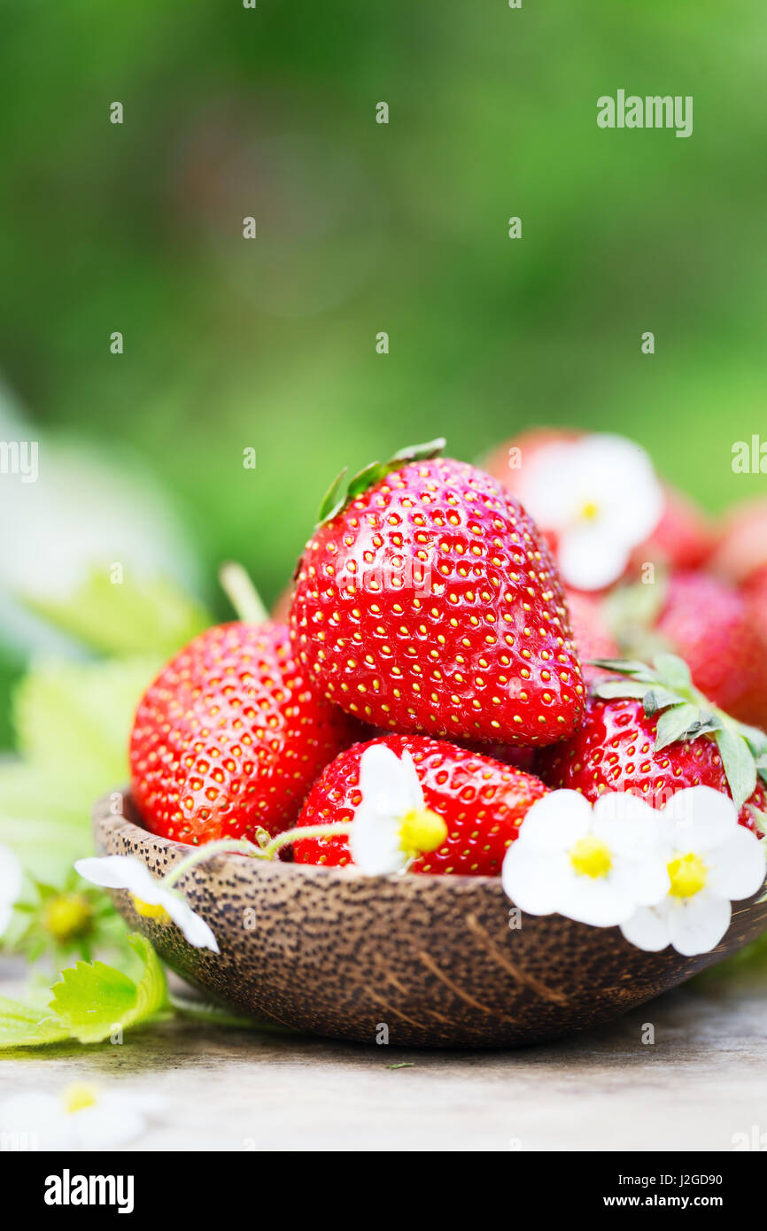 Perfekte süße reife Erdbeeren auf einem hölzernen Hintergrund Stockfoto