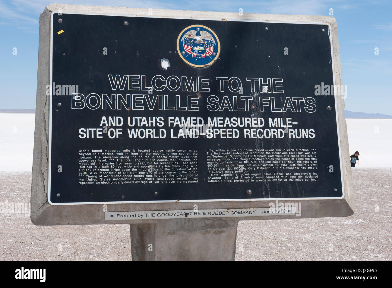 USA, Nevada. Great Salt Lake, Salzsee von Bonneville Informations Schild über Land Geschwindigkeitsrekorde Stockfoto