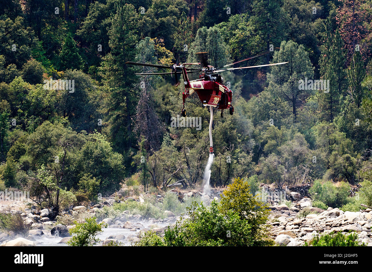 USA, California, El Portal, S-64 Skycrane Hubschrauber nehmen Wasser aus Merced River gegen Waldbrand Stockfoto