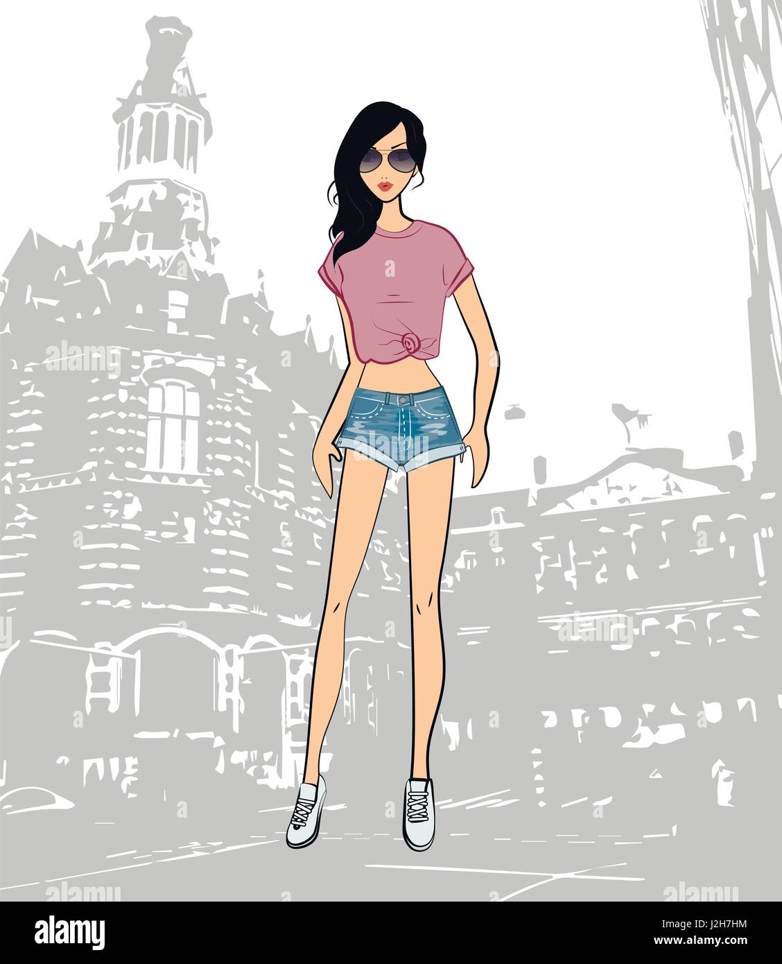 Modische niedliche Brünette Mädchen in lila Top und Shorts in der Stadt, Vektor-illustration Stock Vektor