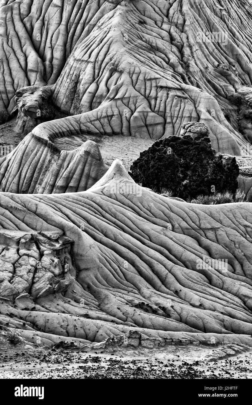 USA, Montana. Schwarz / weiß Bild des ungewöhnlichen Erosion Formationen im Makoshika State Park Stockfoto