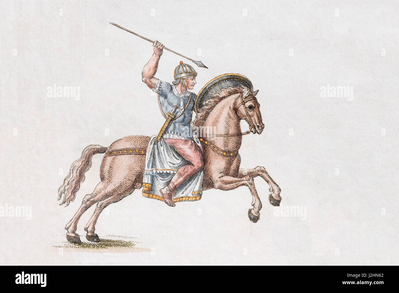 Römischer Soldat auf Pferd, handkoloriert Kupferstich, von Friedrich Justin Bertuch, Bilderbuch für Kinder, Weimar 1795 Stockfoto