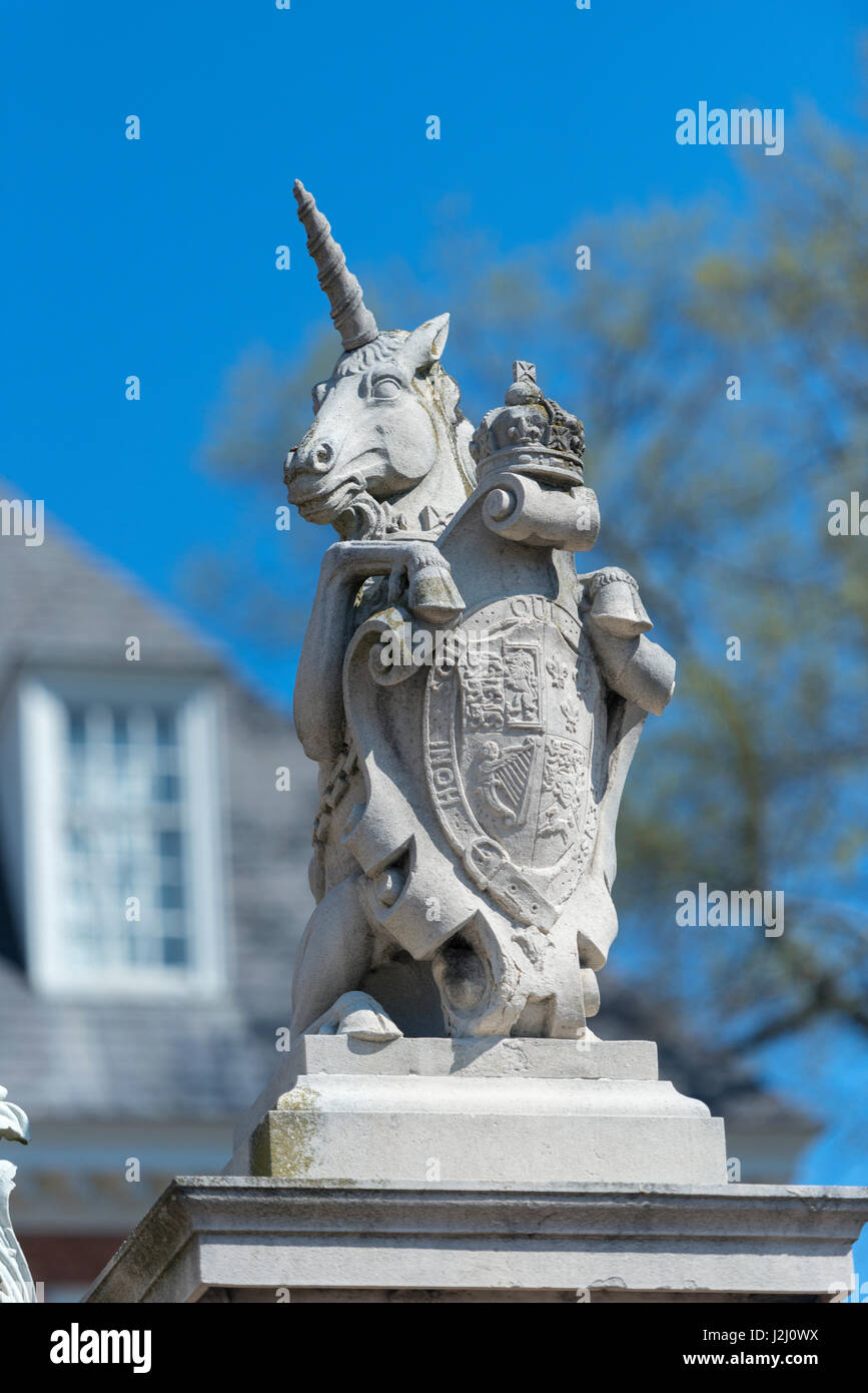 USA, Virginia, Williamsburg, Colonial Williamsburg, der Gouverneurspalast, Einhorn (großformatige Größen erhältlich) Stockfoto