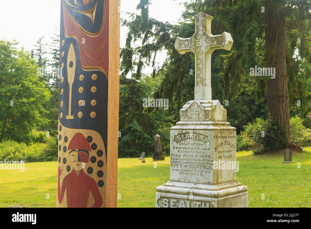 Chief Seattle Grab Website, Suquamish Indian Reserve, in der Nähe von Bainbridge Island, Seattle, WA, USA Stockfoto