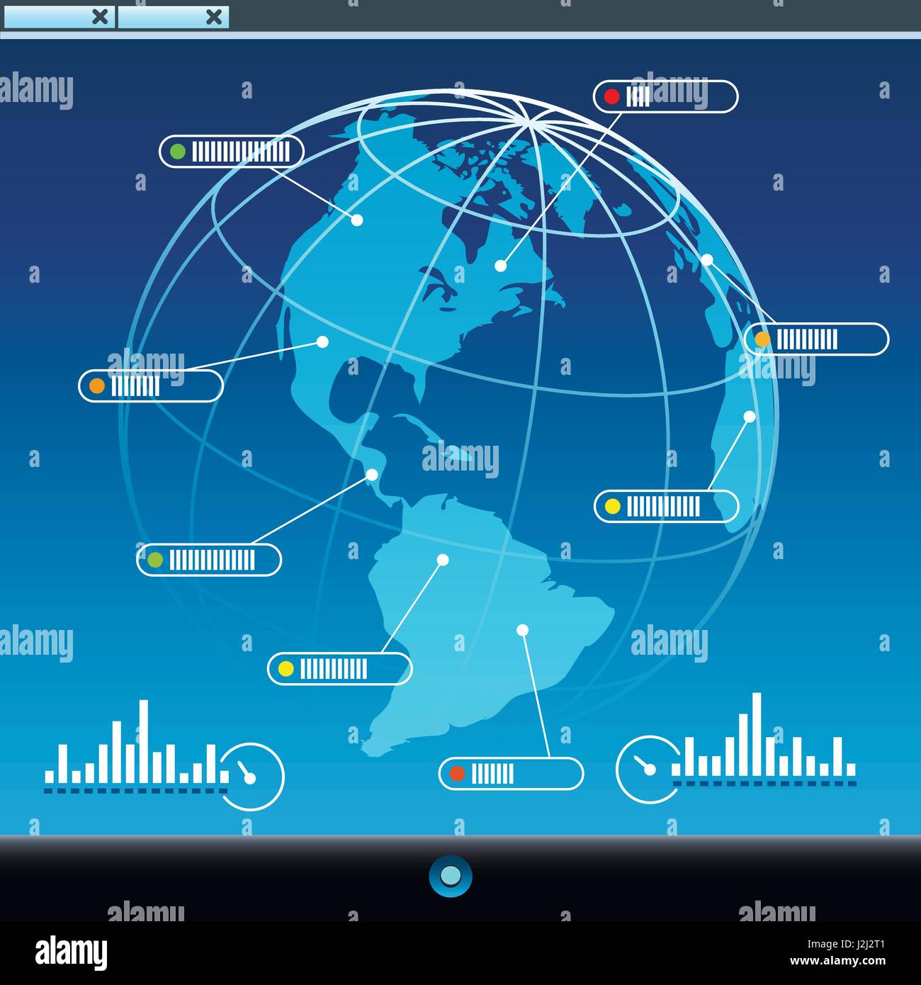 Computer-Bildschirm mit Erdkugel und Netzverbindung Zeichen. Globale Kommunikations-Konzept. Stock Vektor