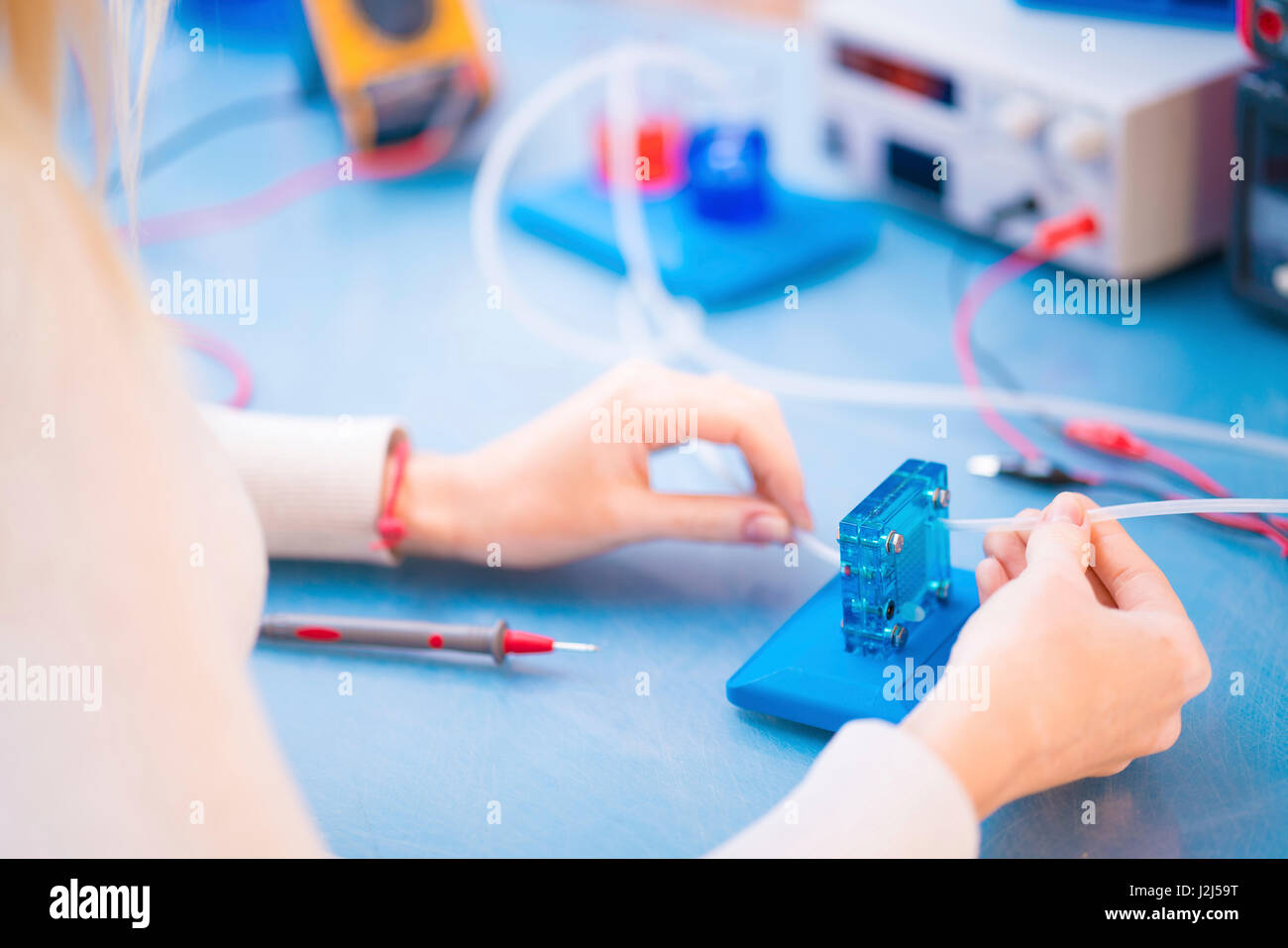Wissenschaftler mit Wasserstoff-Brennstoffzelle im Labor. Stockfoto