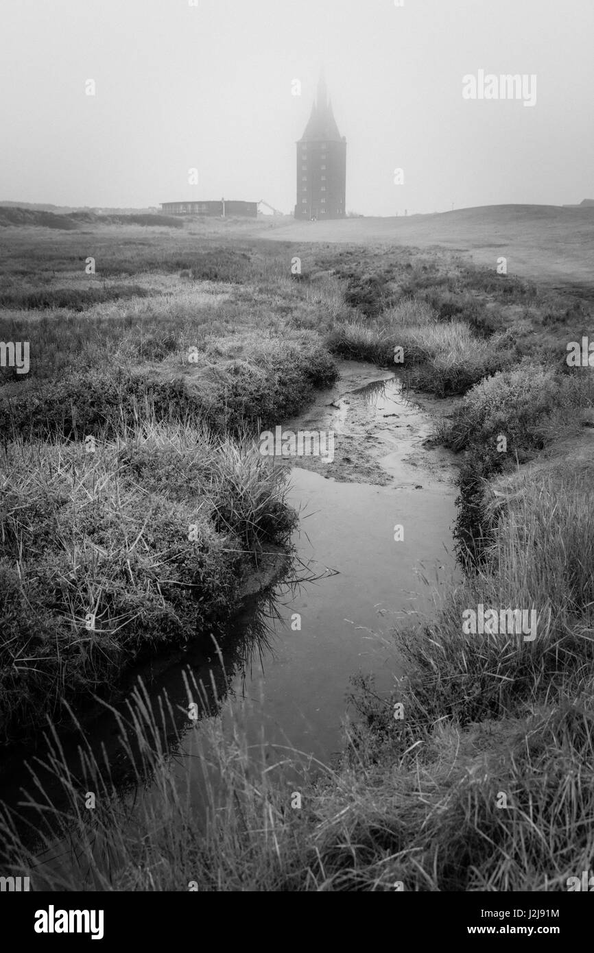 Westturm auf Wangerooge im Winter, Deutschland, Niedersachsen, Insel, Turm, Nordseeinsel, Winter, Nebel Stockfoto