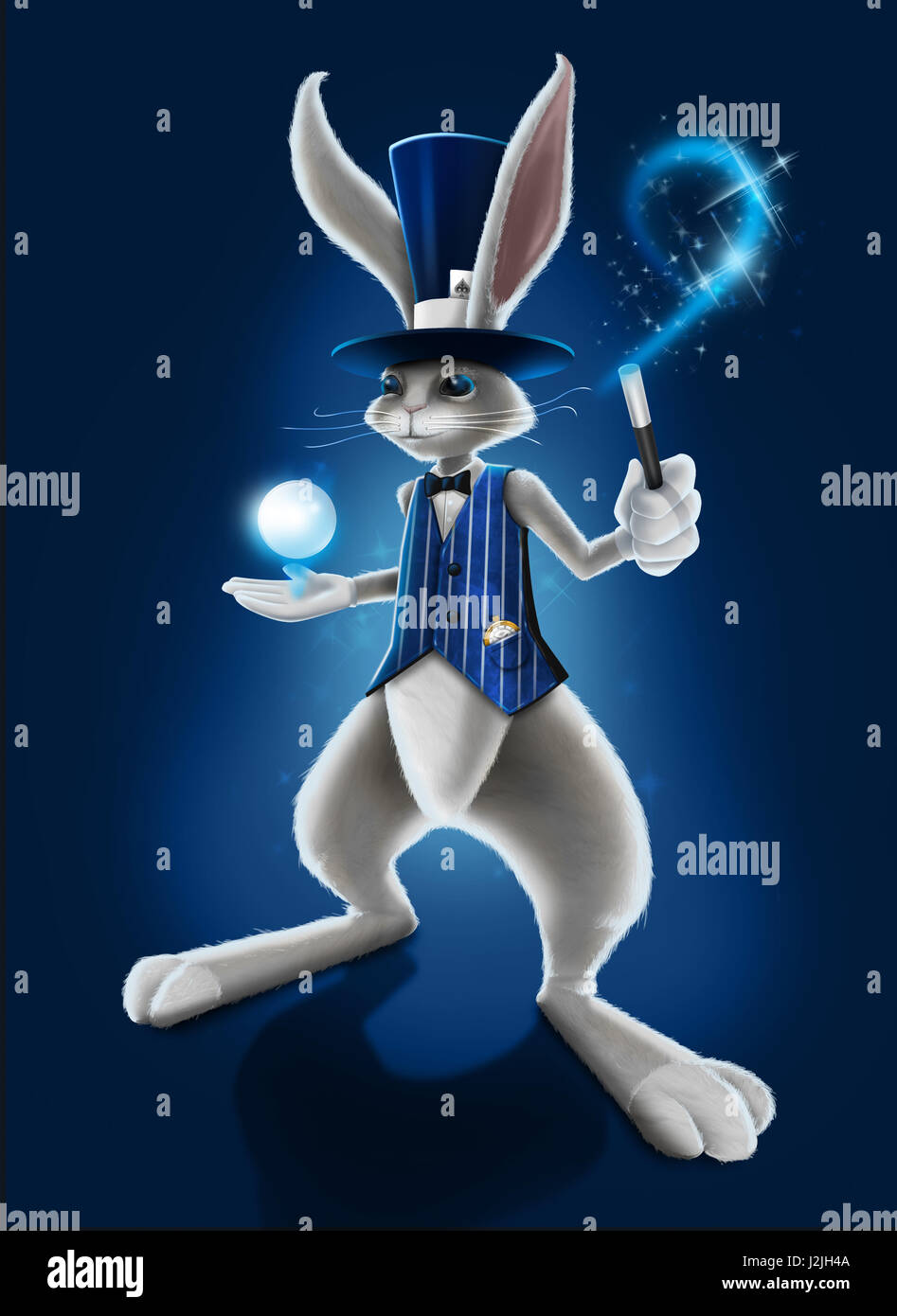 Magier Kaninchen halten eine Kristallkugel und winkte einen Zauberstab Stockfoto