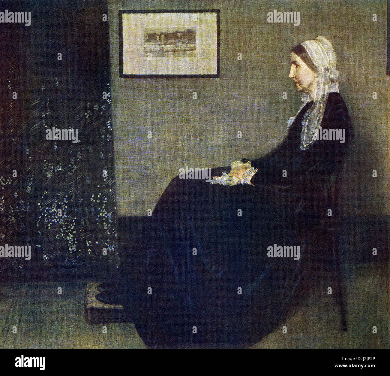 Dieses Gemälde mit dem Titel My Mother, erfolgte durch den amerikanischen Künstler James McNeill Whistler (1834-1903) in Lowell, Massachusetts geboren. Whistlers Stil verbindet die Weichheit und die "Atmosphäre" die französischen Impressionisten, die Tonwerte Velasquez und die hellen Harmonie der Japaner, mit seiner eigenen Individualität. Eine zarte Monotonie der Farben war seine Stärke, und mit sanften Farben erweicht er die Härte des Realismus die hauchdünne Visionen, wie Natur durch die Nebel zeigt, bevor die Sonne auf ihnen Wiedergabe vor jagt sie Weg. Also, seine Porträts, während überzeugend Stockfoto