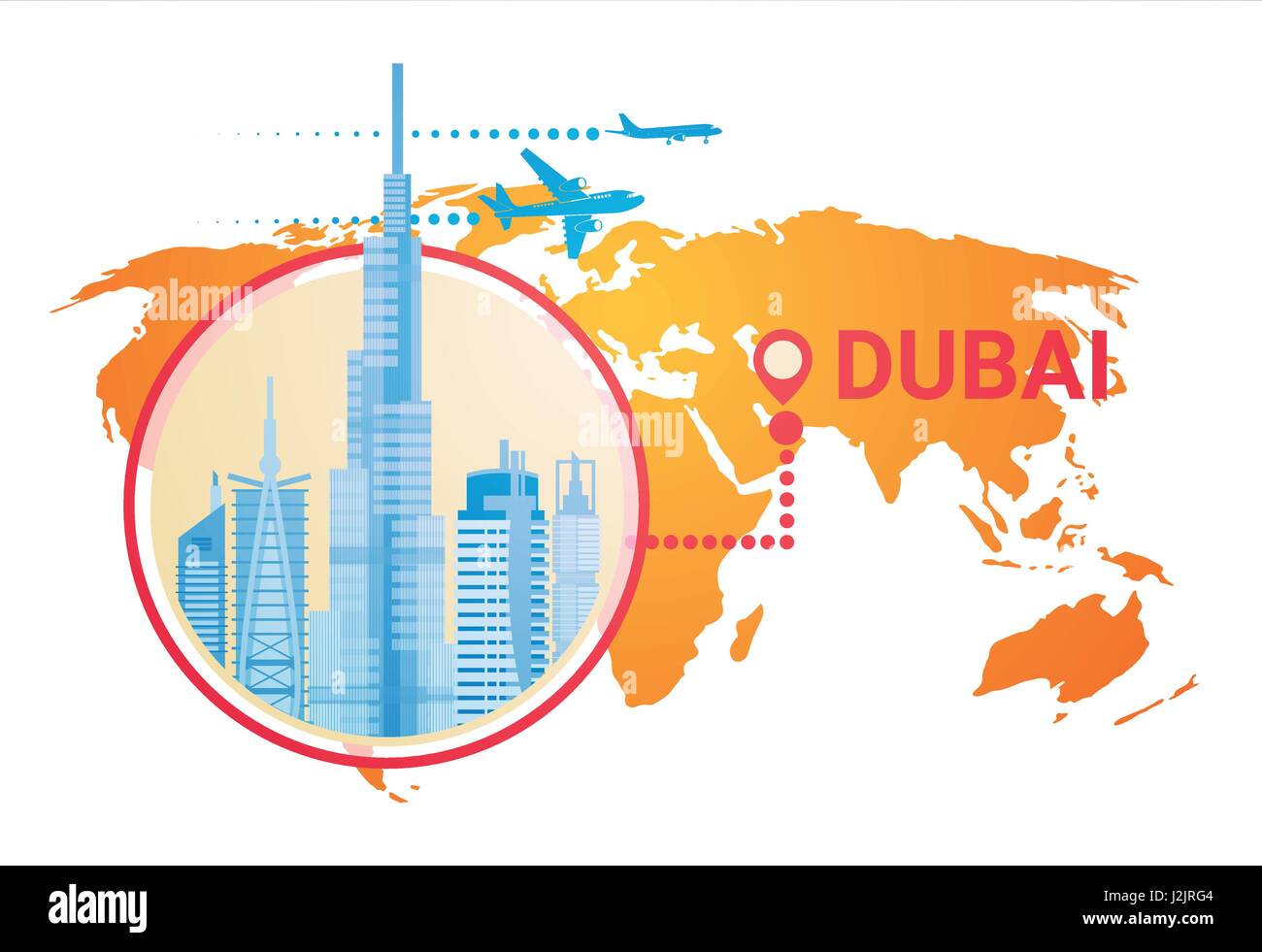 Dubai Skyline Panorama über Weltkarte, modernes Gebäude Stadtbild Geschäftsreisen und Tourismus-Konzept Stock Vektor