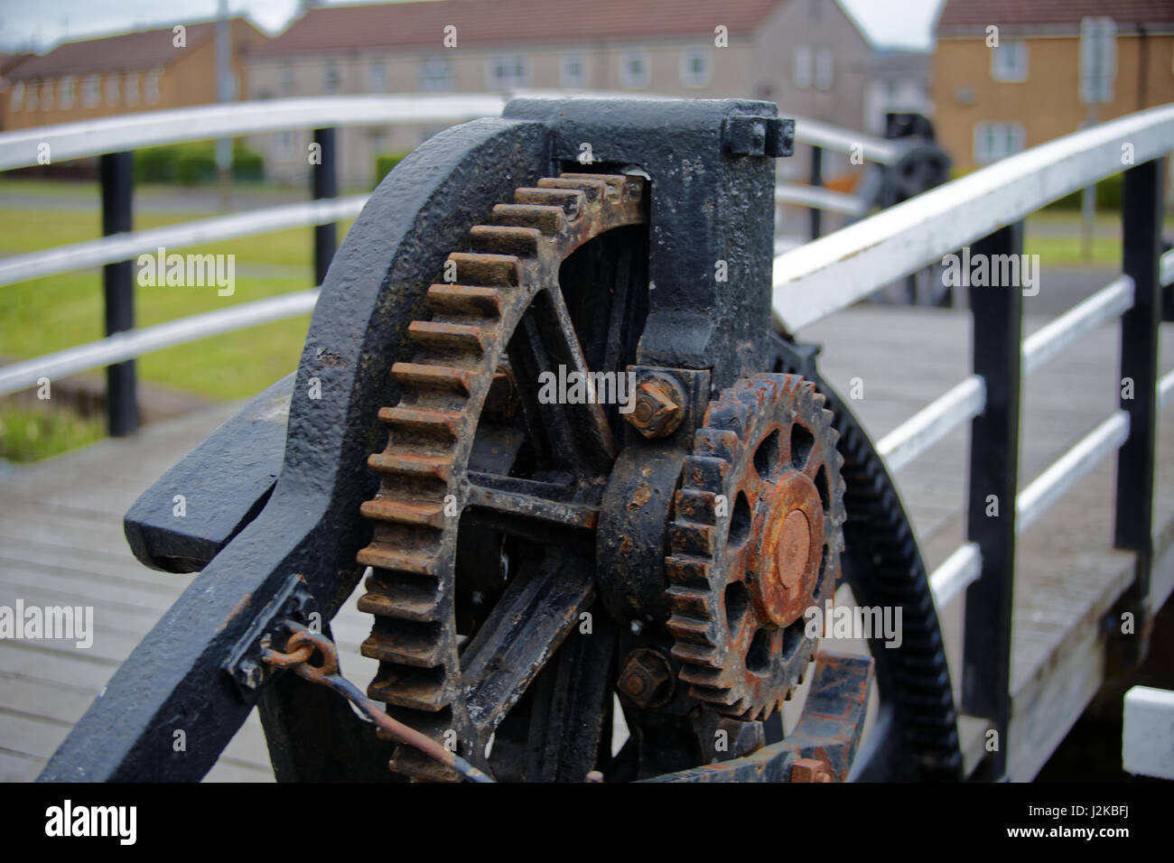 Forth & Clyde Canal Lock Mechanismus Zahnräder für Kanal heben Brücke Stockfoto
