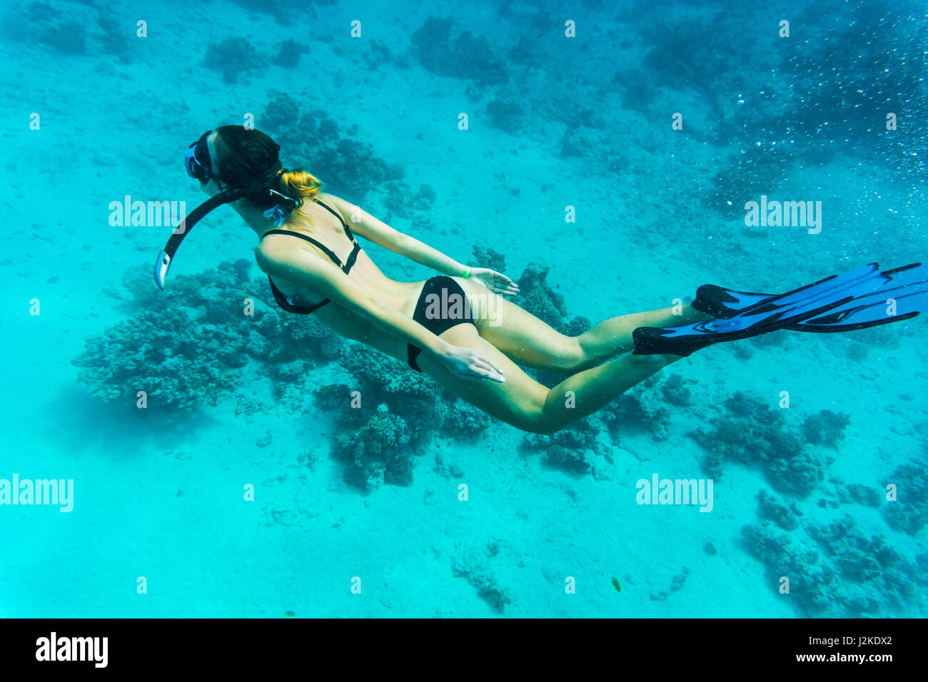 Silhouetten von einer jungen Frau Freitauchen im Pazifischen Ozean Stockfoto