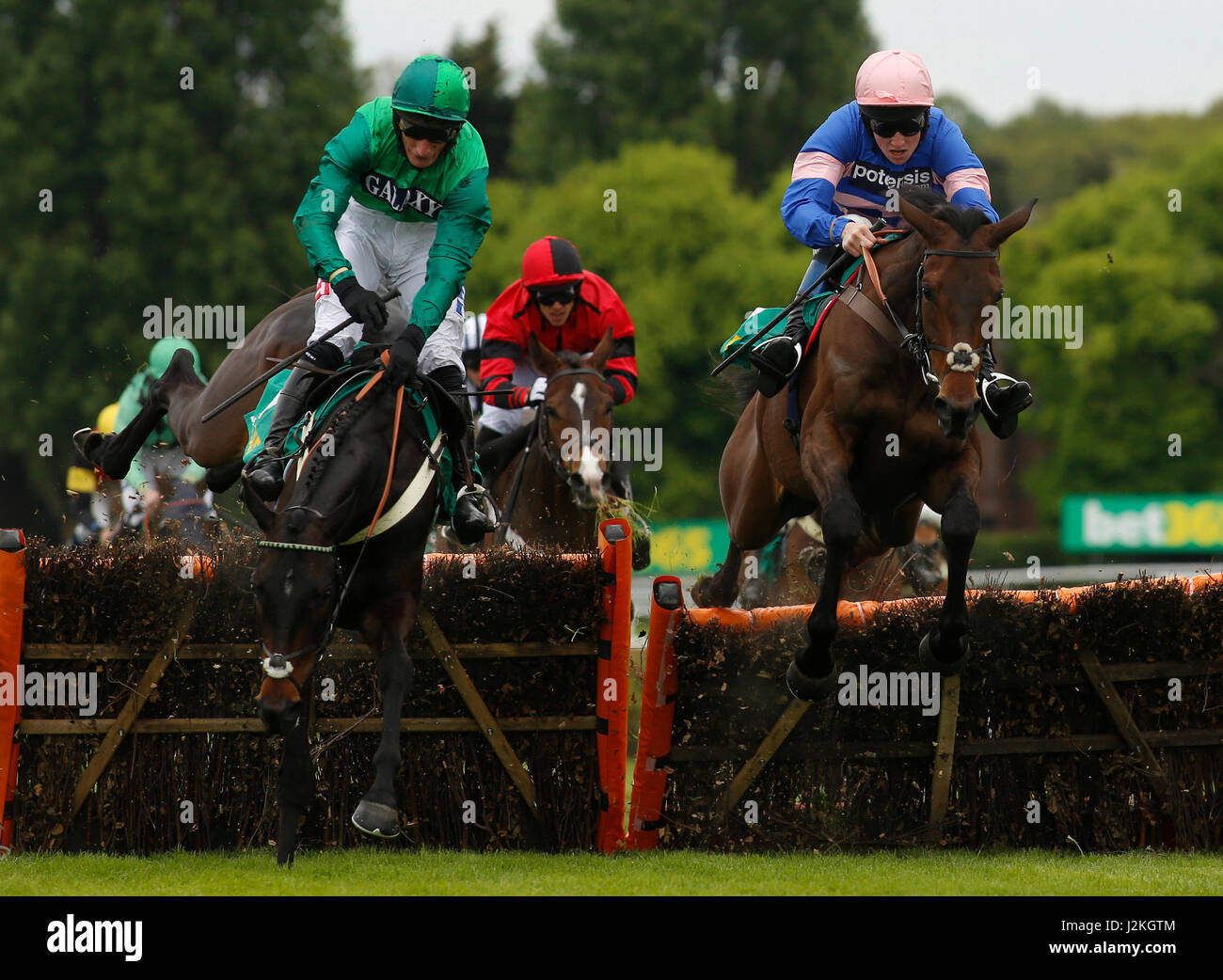 Call Me Lord geritten von Daryl Jacob (links) erholt sich von ein stolpern auf dem letzten Flug bevor man die bessere Delosse von Stan Sheppard gewinnt die bet365 Juvenile Handicap Hurdle Race laufen tagsüber Bet365 Gold Cup in Sandown Racecourse geritten. Stockfoto