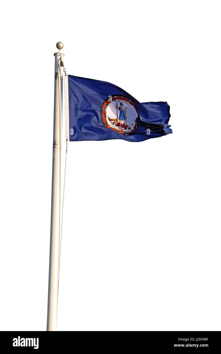 Flagge des Commonwealth of Virginia fliegen von einem weißen Mast auf dem weißen Hintergrund isoliert Stockfoto