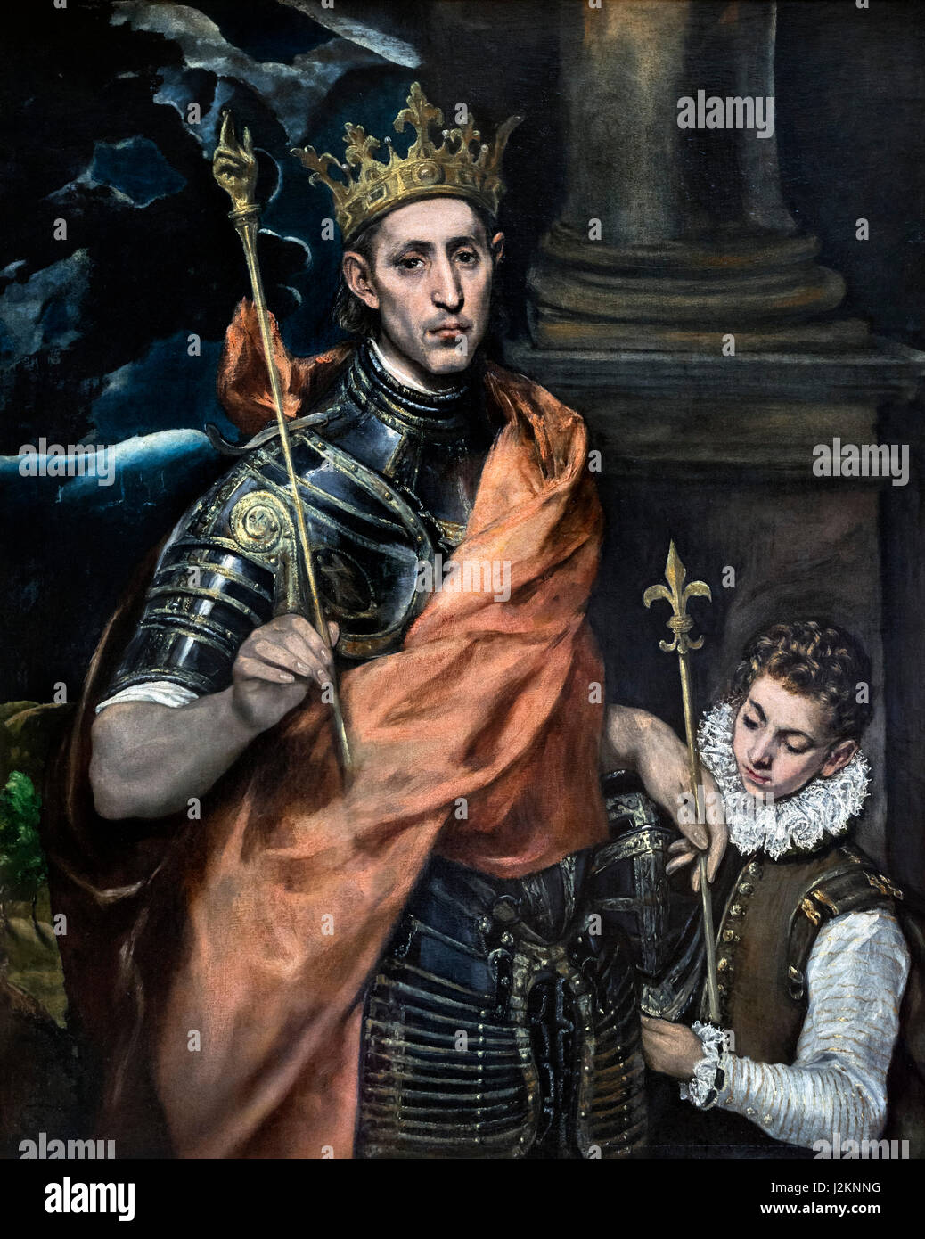 "St Louis, König von Frankreich und eine Seite" von El Greco (Domenikos Theotokopoulos, 1541-1614), Öl auf Leinwand, c.1585-90. Porträt von König Lous IX. von Frankreich (1214-1270), allgemein bekannt als Saint Louis, der von 1226 bis 1270 regierte. Stockfoto