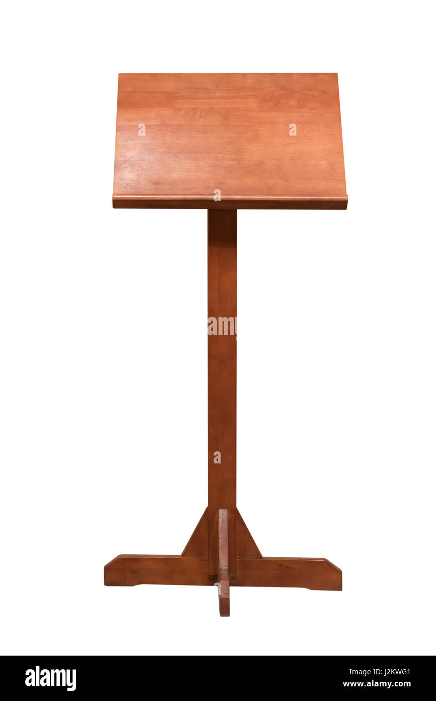 Hölzerne Podium Tribüne Podest stehen isoliert auf weißem Hintergrund, Clipping-Pfad enthalten. Stockfoto