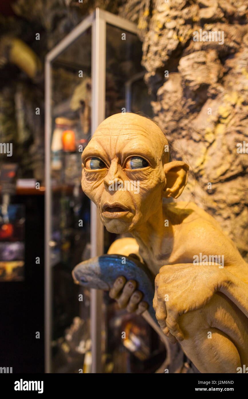 New Zealand, North Island, Wellington, Weta Cave Kino Spezialeffekte Firma, Statue von Gollum, Figur aus der Hobbit und der Herr der Ringe-Filme Stockfoto